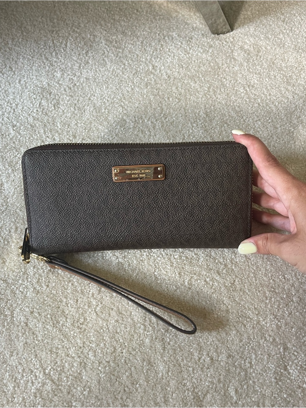 Michael Kors Dark Brown Pebbled Leather Wristlet Wallet with Gold Hardware